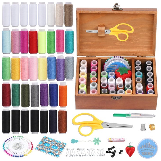 196 PCS SEWING ACCESSORIES WOODEN SEWING BOX WITH SEWING KIT ACCESSORIES ORGANIZE BOX WITH NEEDLE THIMBLE PIN CUSHION BUTTON FOR TRAVEL CAMPING HOME DIY