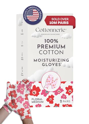 COTTONNERIE 2 Pairs Cottonnerie Cotton Gloves for Dry Hands Sleeping Moisturizing Gloves Overnight Hand Moisturizer Gloves Moisture Gloves for Dry Hands Overnight Eczema Gloves Medium Floral - Image 1