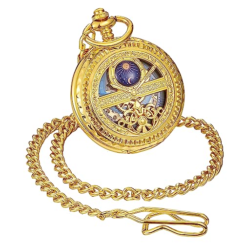 ShoppeWatch Men’s Pocket Watch with Chain | Hand Winding Vintage Gold Pocket Watch | Steampunk Mechanical Movement Pocketwatch | Cosplay Accessory PW222 - Image 1