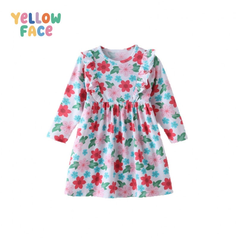 Girls Long Sleeve Floral Print Dress for Ages 2-8 - Image 5