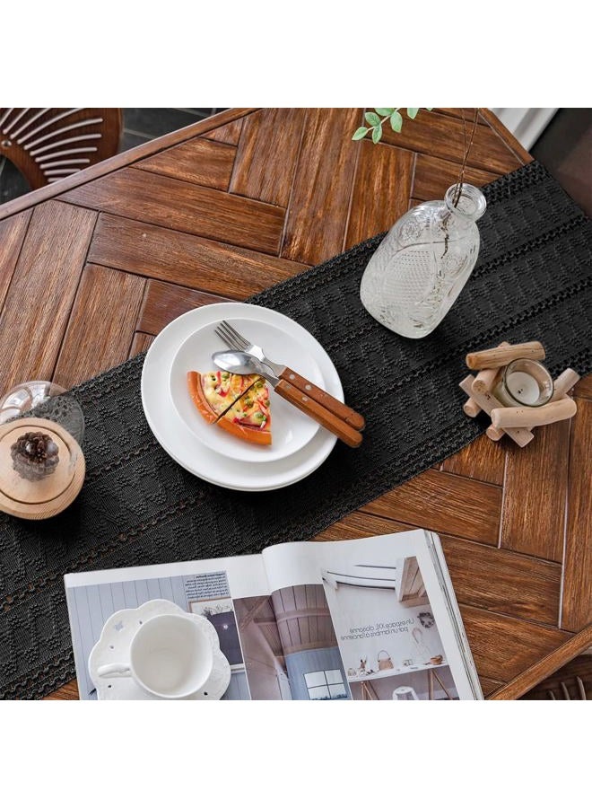 Alynsehom Macrame Table Runner Pure Black Boho Table Runners with Tassels Hand Woven Cotton Table Runner Rustic Farmhouse Table Runners for Bohemian Kitchen Dining Table(12x71in) - Image 2
