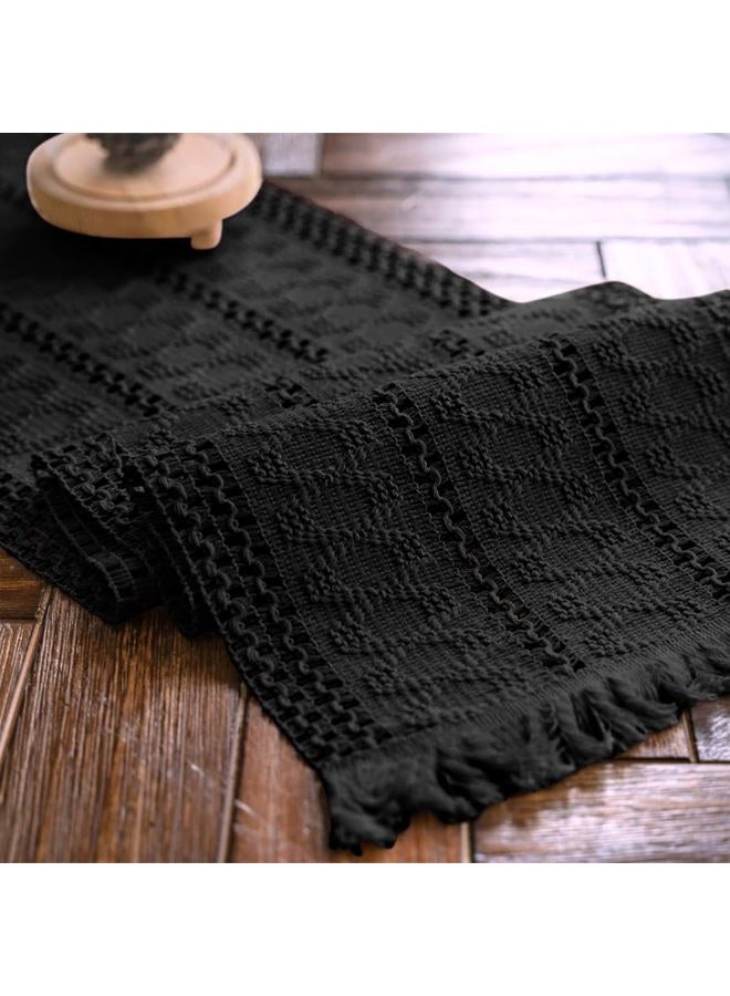 Alynsehom Macrame Table Runner Pure Black Boho Table Runners with Tassels Hand Woven Cotton Table Runner Rustic Farmhouse Table Runners for Bohemian Kitchen Dining Table(12x71in) - Image 1