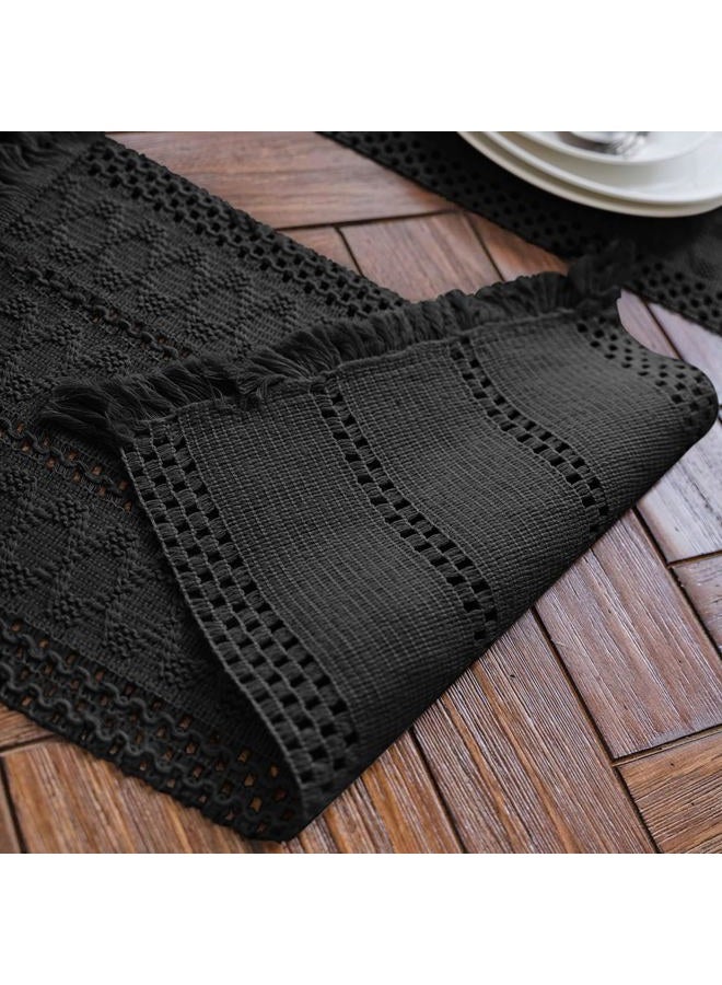 Alynsehom Macrame Table Runner Pure Black Boho Table Runners with Tassels Hand Woven Cotton Table Runner Rustic Farmhouse Table Runners for Bohemian Kitchen Dining Table(12x71in) - Image 4