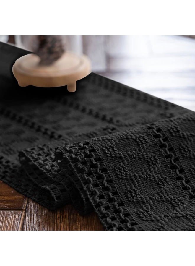 Alynsehom Macrame Table Runner Pure Black Boho Table Runners with Tassels Hand Woven Cotton Table Runner Rustic Farmhouse Table Runners for Bohemian Kitchen Dining Table(12x71in) - Image 5