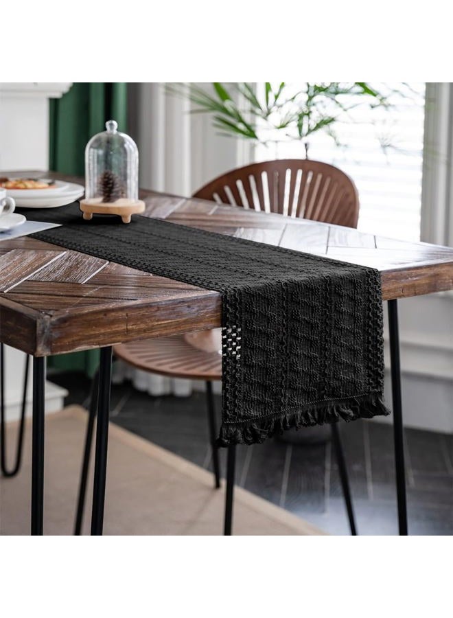 Alynsehom Macrame Table Runner Pure Black Boho Table Runners with Tassels Hand Woven Cotton Table Runner Rustic Farmhouse Table Runners for Bohemian Kitchen Dining Table(12x71in) - Image 3