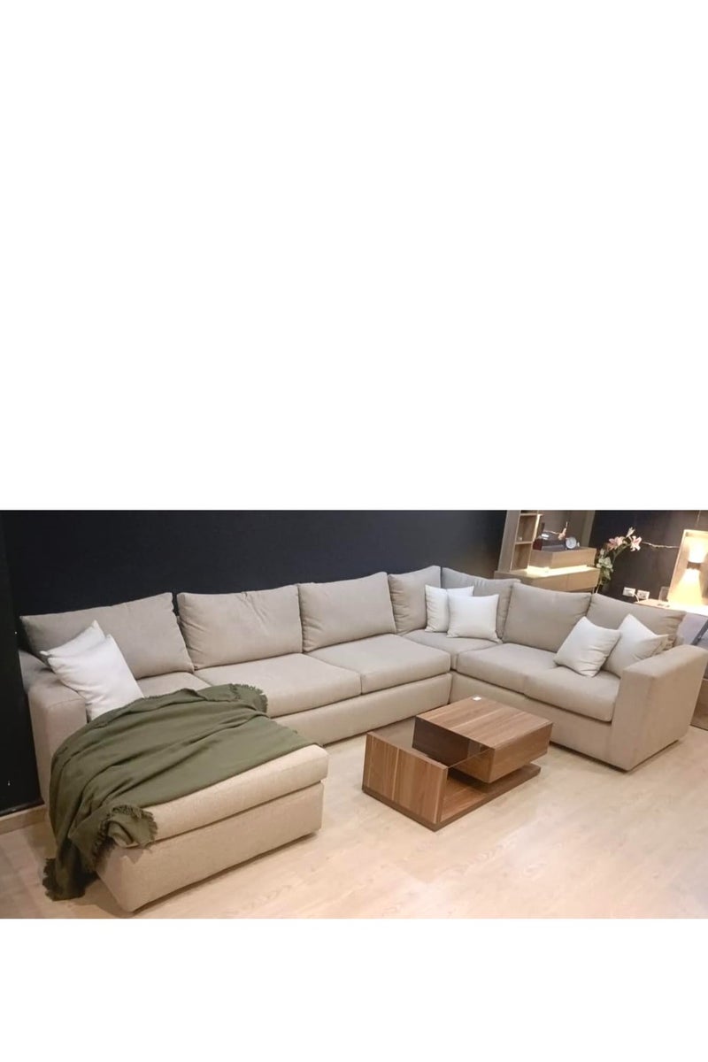 ركنة مودرن كبيرة على شكل U – قماش كتان وخشب زان – مقاس 360×220×160 سم