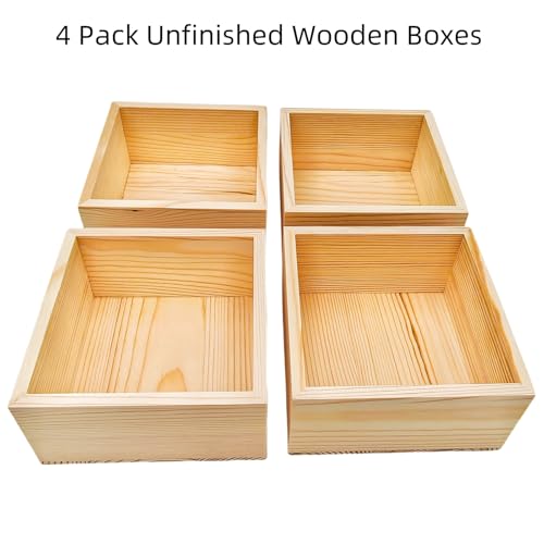Anktily 4 Pack Unfinished Wooden Craft Storage Organiser Boxes, 4.7 x 4.7 x 2.4 inch Small Square Wood Box, Rustic Natural Wood Container Box for Home Venue Decor - Image 2