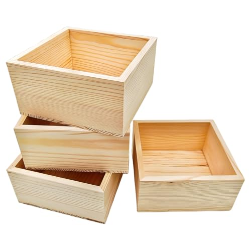 Anktily 4 Pack Unfinished Wooden Craft Storage Organiser Boxes, 4.7 x 4.7 x 2.4 inch Small Square Wood Box, Rustic Natural Wood Container Box for Home Venue Decor - Image 1
