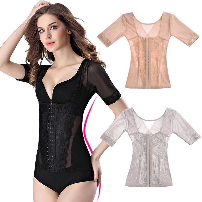 [One-Piece Delivery For You] Short-Sleeved Body Shaping Shirt Thin Non-Curling Belly Contracting Stomach Contracting Three Breasted Adjustment - Image 1