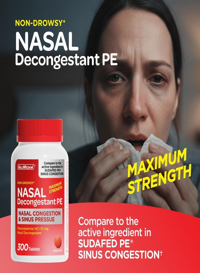 ValuMeds Nasal Decongestant PE Phenylephrine HCl 10mg Tablets (Bulk 300 Count) Non-Drowsy Sinus Pressure Relief & Nasal Congestion Relief, Stuffy Nose Decongestants for Adults | Compare to Sudafed PE - Image 2