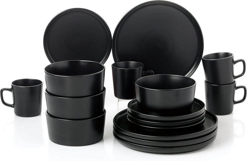 Lorren Home Trends Black Stoneware Dinnerware Set 16 Piece Service for 4 Microwave and Dishwasher Safe - Image 3