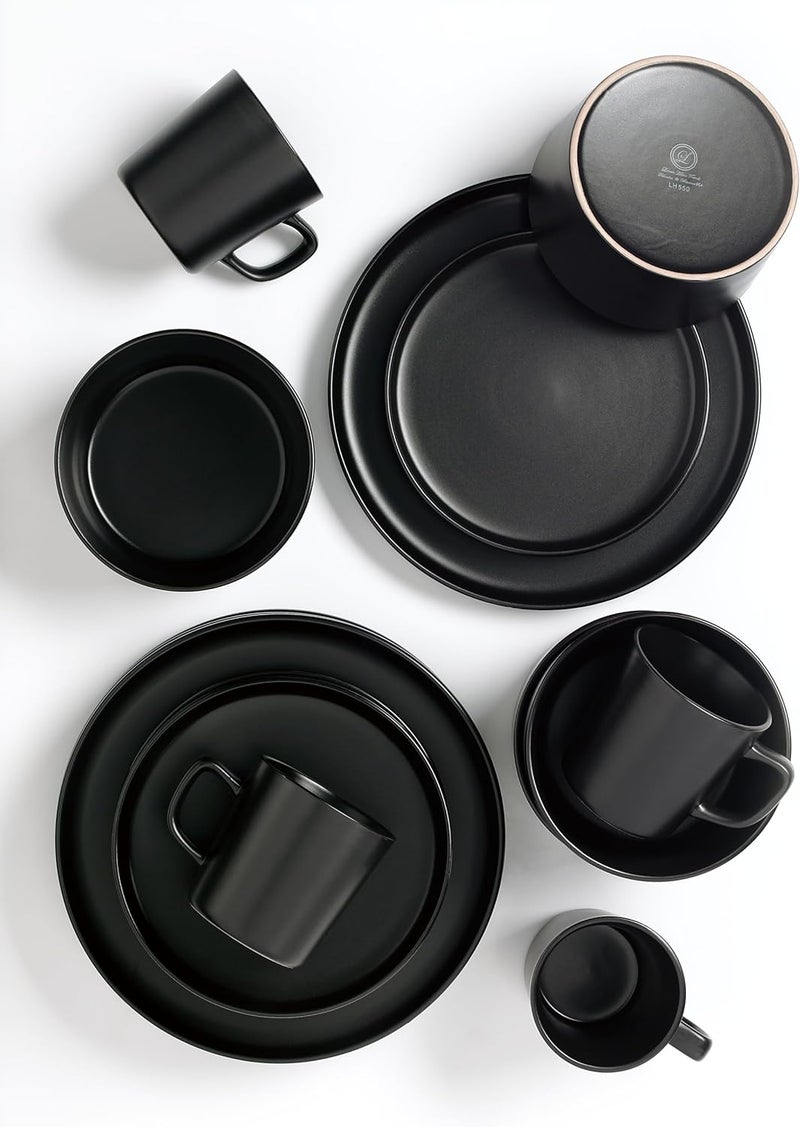 Lorren Home Trends Black Stoneware Dinnerware Set 16 Piece Service for 4 Microwave and Dishwasher Safe - Image 2