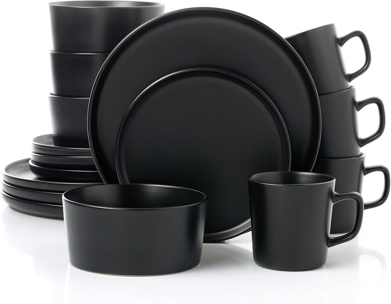 Lorren Home Trends Black Stoneware Dinnerware Set 16 Piece Service for 4 Microwave and Dishwasher Safe - Image 1