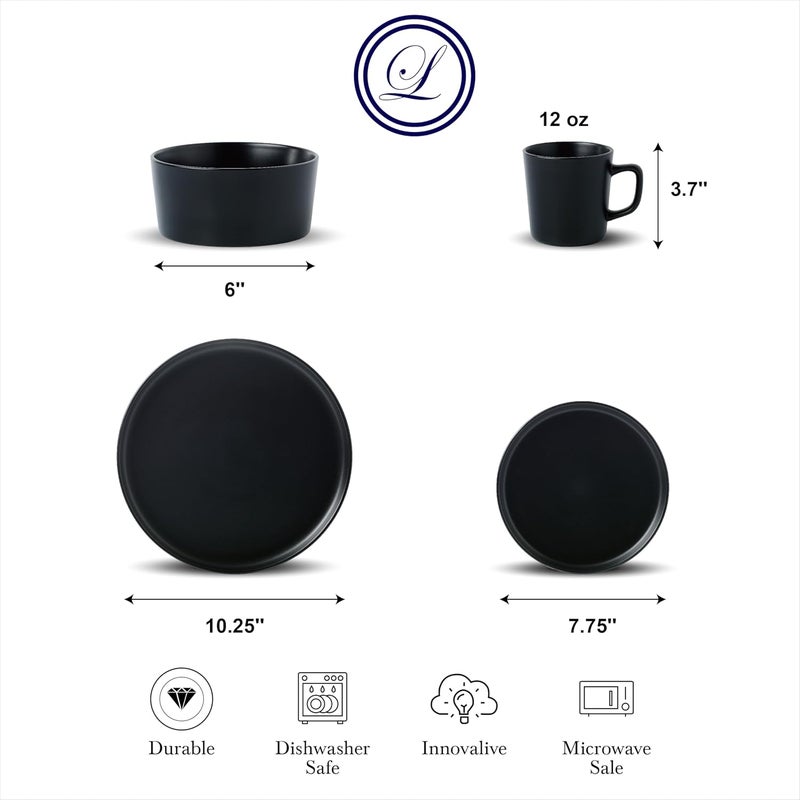 Lorren Home Trends Black Stoneware Dinnerware Set 16 Piece Service for 4 Microwave and Dishwasher Safe - Image 5