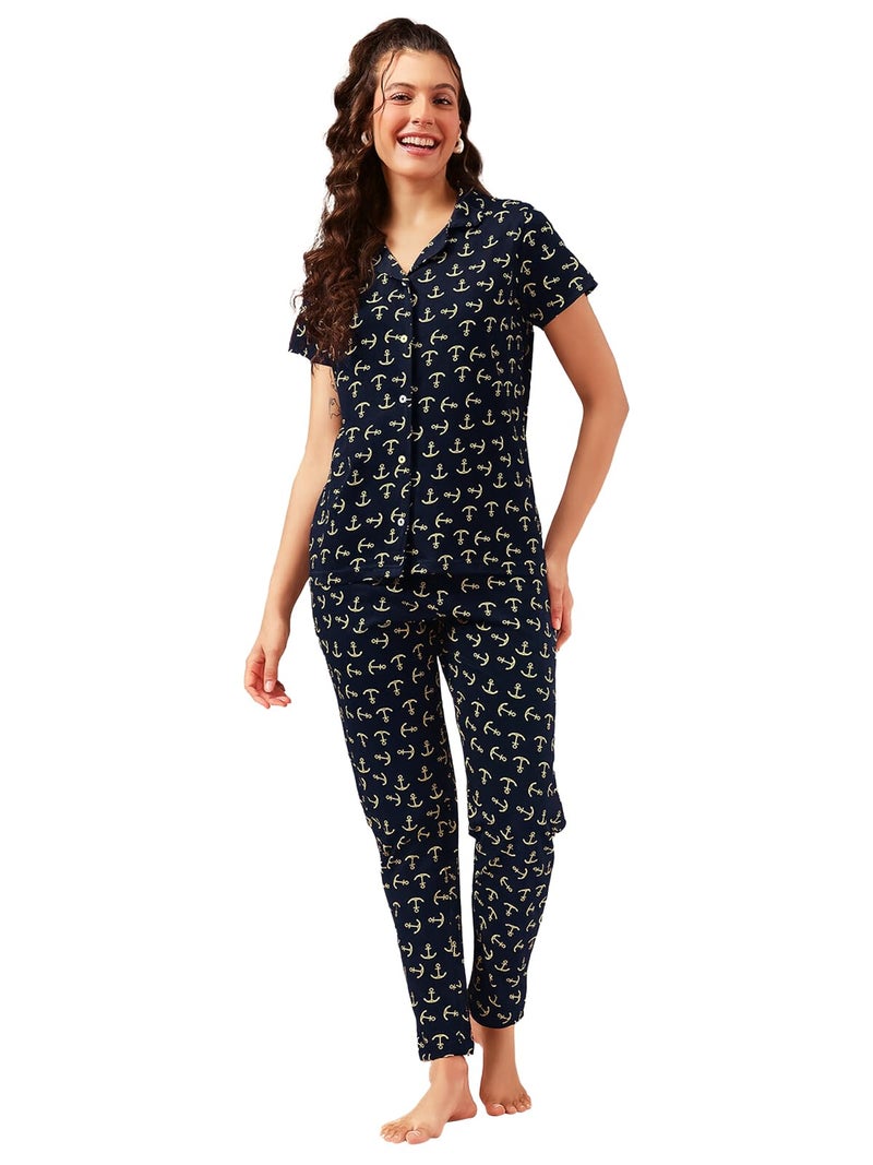 Clovia Women's Cotton Printed Button Top & Pyjama Set (LS0025A08_Blue_M) - Image 1