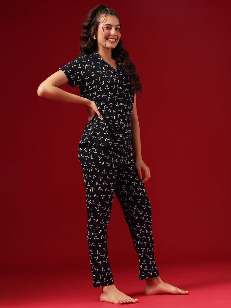 Clovia Women's Cotton Printed Button Top & Pyjama Set (LS0025A08_Blue_M) - Image 2
