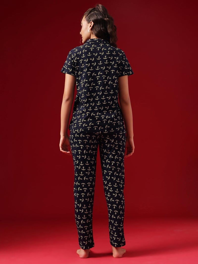 Clovia Women's Cotton Printed Button Top & Pyjama Set (LS0025A08_Blue_M) - Image 3