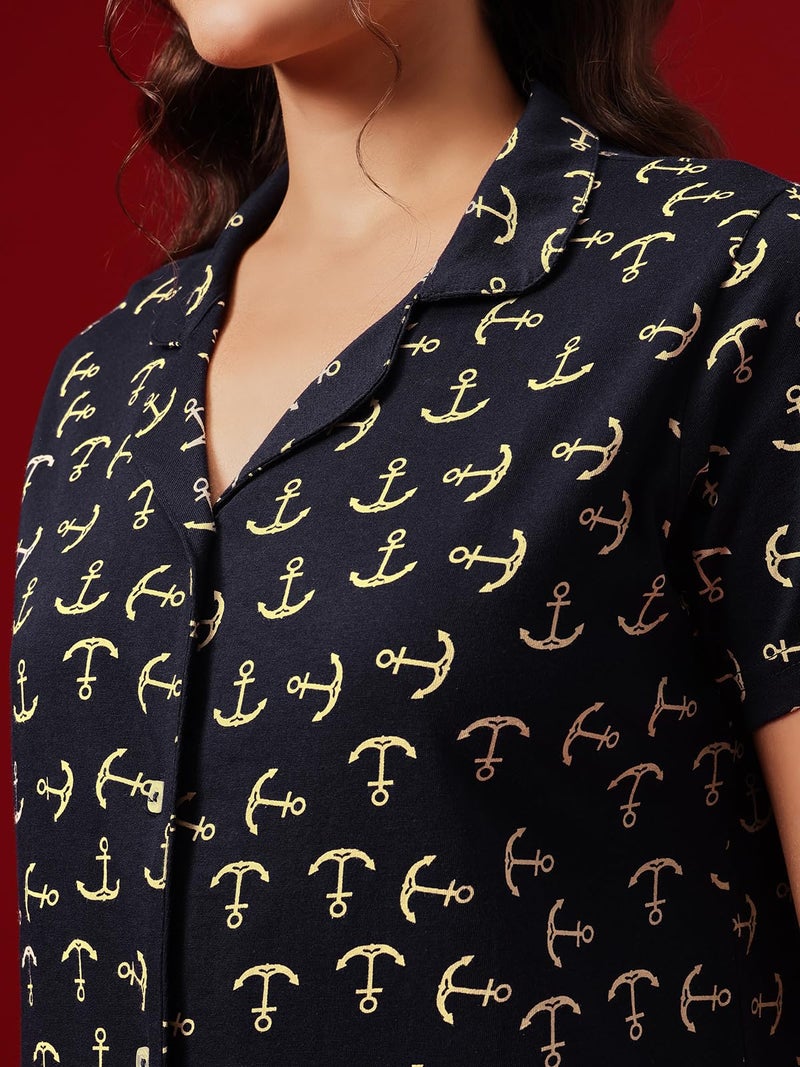 Clovia Women's Cotton Printed Button Top & Pyjama Set (LS0025A08_Blue_M) - Image 5