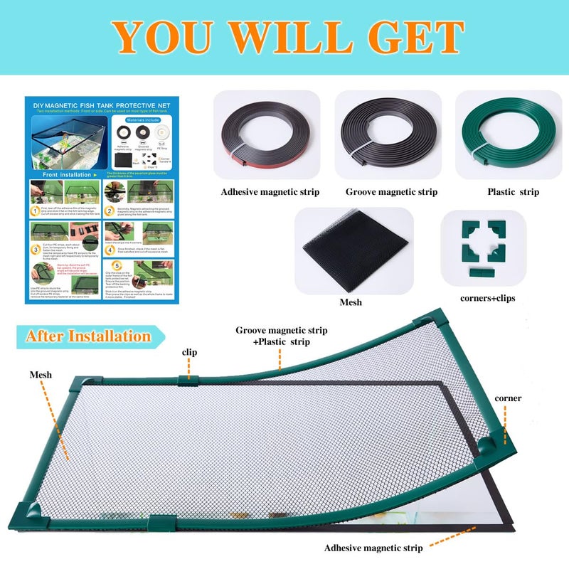 Maguesh Magnetic Fish Tank Cover Green Frame Black Net, DIY Fish Tank Lid Aquarium LId for Preventing Fish from Jumping Out and Reptile Escaping Adjustable Size Fit Tank Size Max 35''X19''(100x50CM) - Image 5