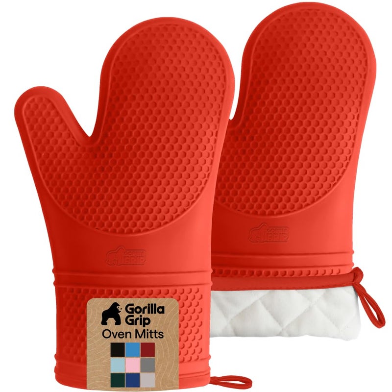 GORILLA GRIP BPAFree Soft Silicone Oven Mitts 550F Heat Resistant Waterproof Cooking Safety Gloves Thick Cotton Lining Flexible Gripping for BBQ Grilling Kitchen Potholders Set 125x83 Coral - Image 2