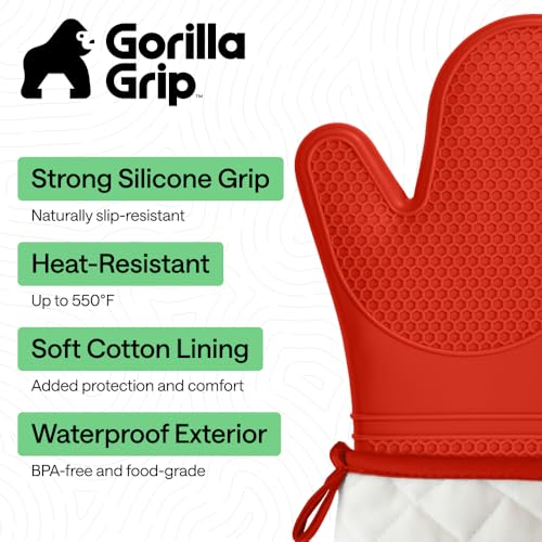 GORILLA GRIP BPAFree Soft Silicone Oven Mitts 550F Heat Resistant Waterproof Cooking Safety Gloves Thick Cotton Lining Flexible Gripping for BBQ Grilling Kitchen Potholders Set 125x83 Coral - Image 3