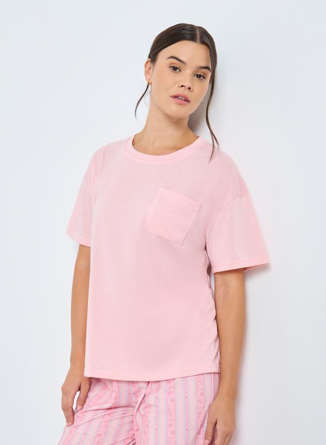 ستايلي طقم من بنطال بيجاما وتيشيرت سادة بأكتاف منخفضة - Image 2