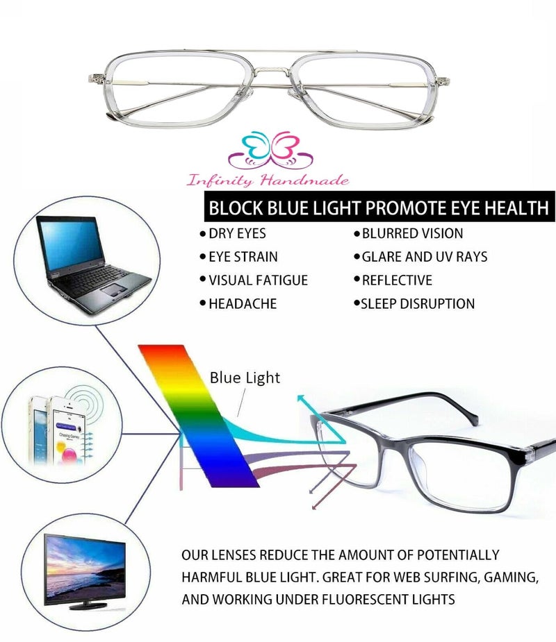 Blue Light Glasses for Men and Women, Computer/Mobile/Smart Screen Glasses, Strongest Blue Light Protection, Square Metal Frame A1,Exclusive from Seller INFINITY HANDMADE Only (LIGHT BLUE & SILVER)