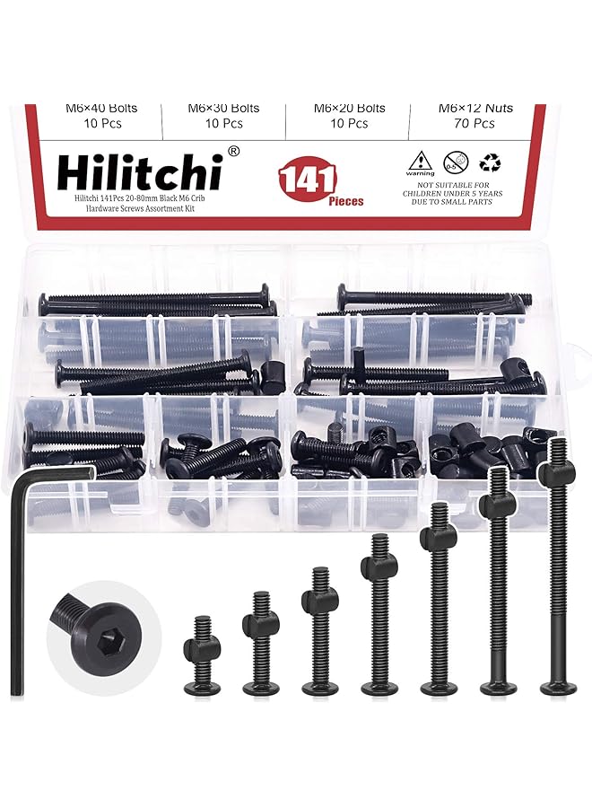 Hilitchi M6 140Pcs Black Hex Socket Head Screws Bolts Barrel Nuts Hardware Assortment Kit for Crib Baby Bed Furniture Cots and Chairs (20-80mm Assortment Kit) - Image 1