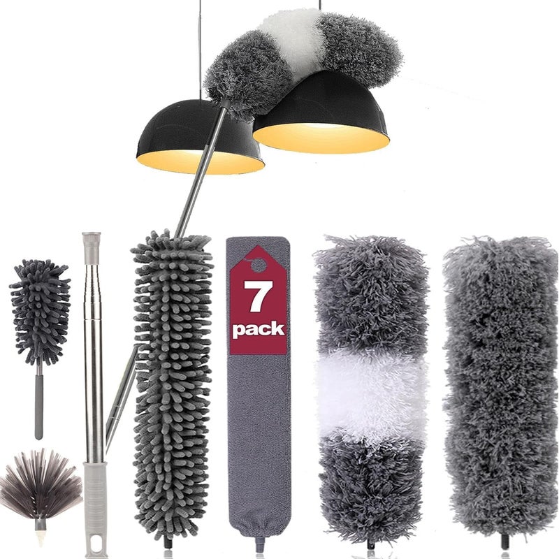 Microfiber Duster 7 Pcs Set Feather Duster Cleaning Kit with 100 Inches Extension Pole Reusable Bendable Cobweb Dusters for Cleaning Ceiling Fan Car Computer Blinds Furniture