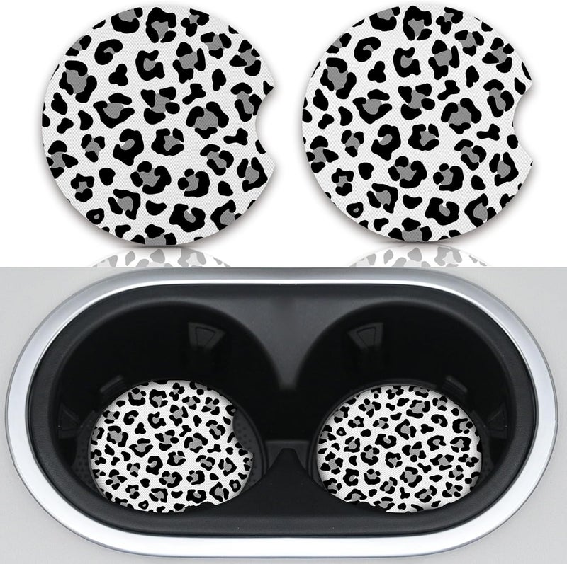 Adastrah Leopard Print Car Coasters,Cute Car Assecories for Women,Universal Auto Anti Slip Insert Coaster, Rubber Car Coasters with A Finger Notch,Pack of 2 Drink Cup Holder Coasters - Image 1