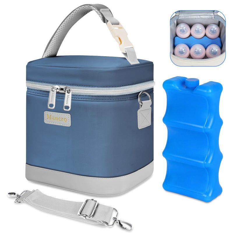 Mancro Breastmilk Cooler Bag with Ice Pack, Insulated Baby Bottle Bag Fits 6 Bottles up to 9oz, Waterproof Breast Milk Storage Bag for Daycare, Travel, Nursing Moms,Blue & Grey - Image 1