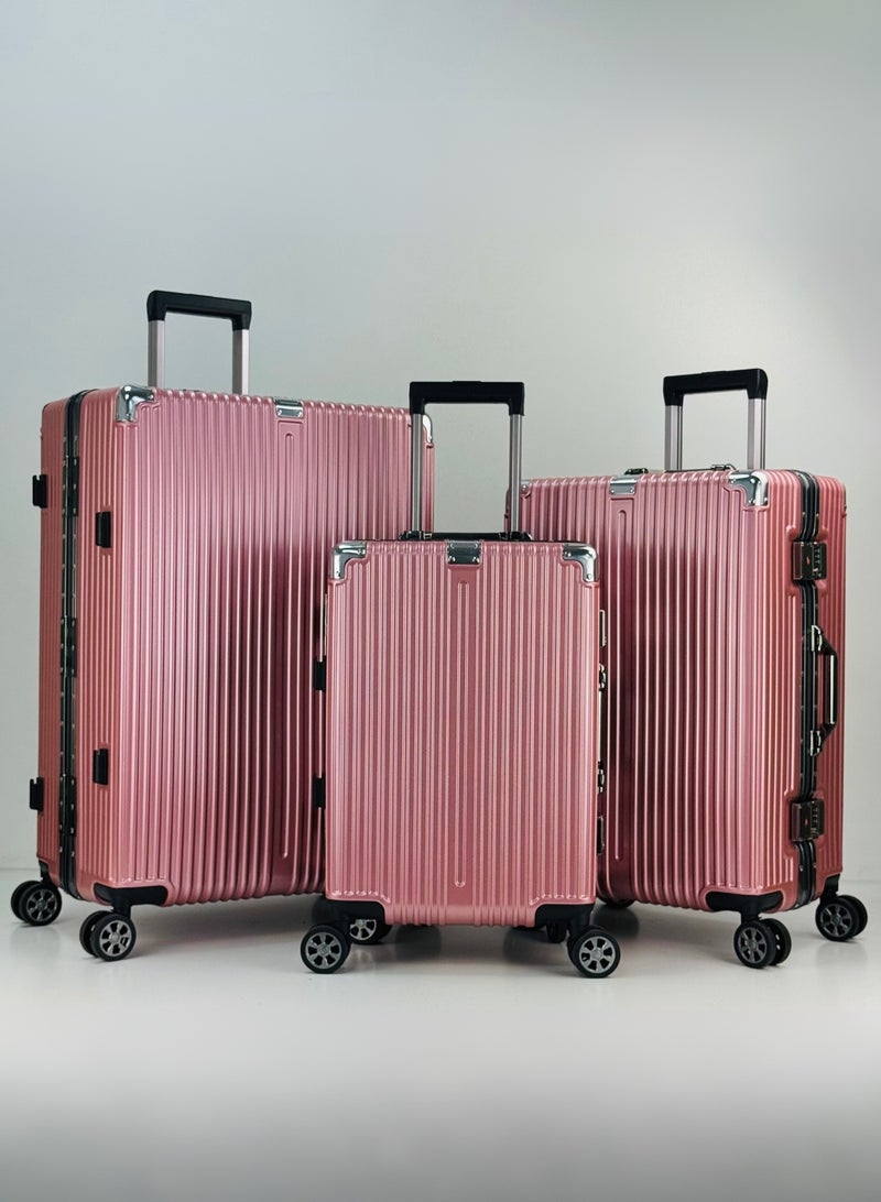 SAW & SEE Light Weight Polycarbonate Aluminum Frame Fashion Trolley Luggage Set of 3-piece Strong Hard Suit Case with Dual Strong TSA approved Lock and 4 Quite 360° Double Spinner wheels Suitcase set (Carry-on Luggage, Medium Checked Luggage and Large Checked Luggage (20-Inch/24-Inch/28-Inch)(12KG/25KG/35KG) - ROSE GOLD - Image 1