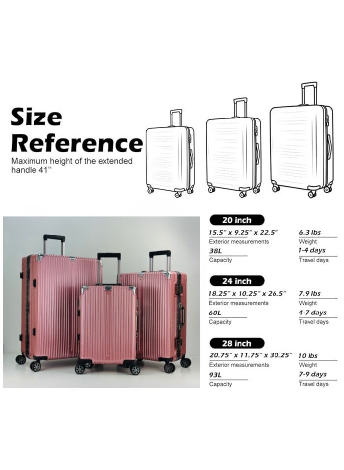 SAW & SEE Light Weight Polycarbonate Aluminum Frame Fashion Trolley Luggage Set of 3-piece Strong Hard Suit Case with Dual Strong TSA approved Lock and 4 Quite 360° Double Spinner wheels Suitcase set (Carry-on Luggage, Medium Checked Luggage and Large Checked Luggage (20-Inch/24-Inch/28-Inch)(12KG/25KG/35KG) - ROSE GOLD - Image 4