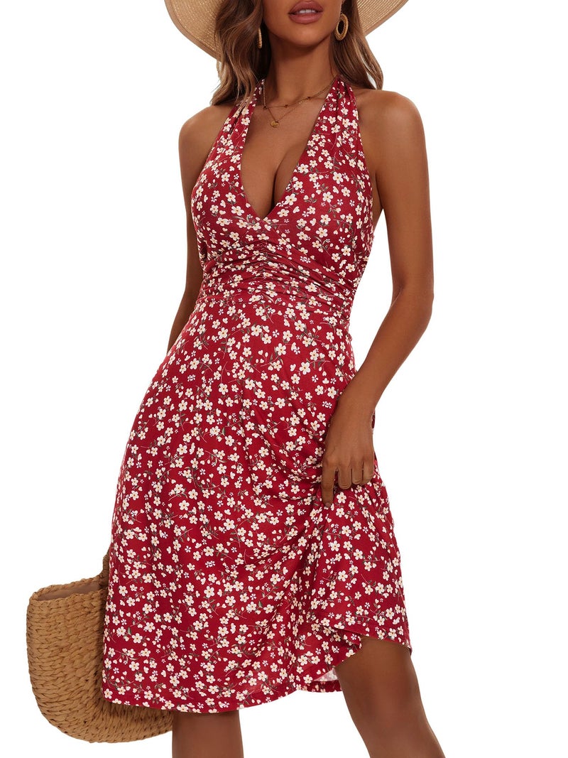 HUHOT Red Dress for Women Resort Wear Spring 2025 Sexy Floral Sun Dresses Summer Casual Womens Dresses Cruise Boho Wedding Guest Halter Vacation Petite Short Dresses - Image 1