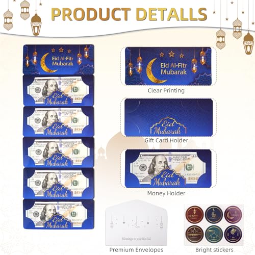 YLQQYL 12 Pack/60 Slots Eid Envelopes for Cash, Eid Mubarak Envelopes Money Holders Bulk with Ramadan Stickers, Ramadan Mubarak Gifts for Kids (6) - Image 3
