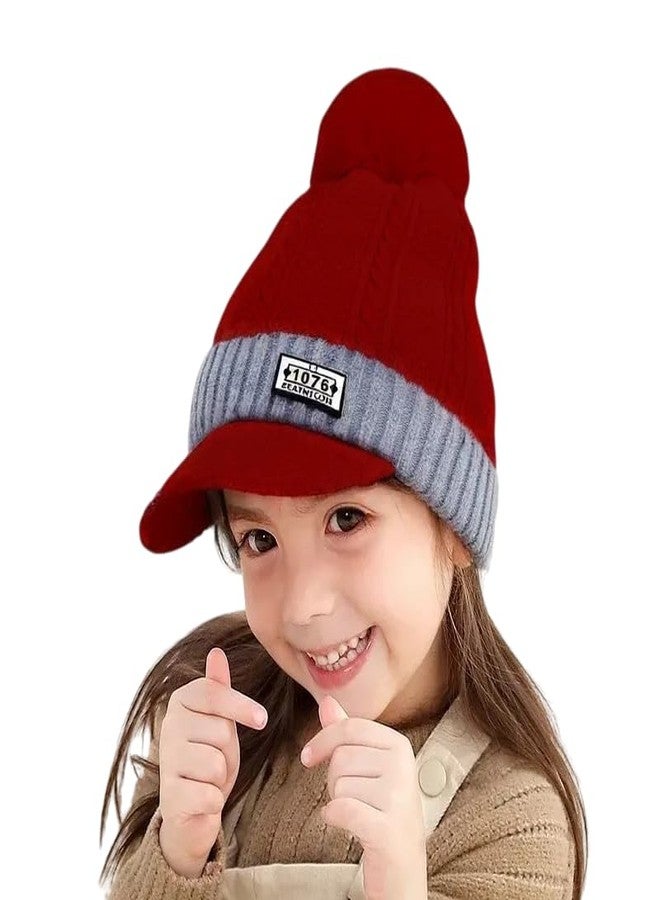 قبعة ريتشمن اللطيفة للأطفال، قبعة شتوية سميكة ودافئة من الصوف المحبوك مع كرة من الفرو، قبعة صوفية ناعمة للأطفال، قبعة شتوية للتزلج بطبقتين (4-8 سنوات) أحمر - Image 1