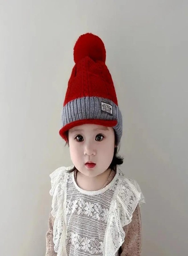 قبعة ريتشمن اللطيفة للأطفال، قبعة شتوية سميكة ودافئة من الصوف المحبوك مع كرة من الفرو، قبعة صوفية ناعمة للأطفال، قبعة شتوية للتزلج بطبقتين (4-8 سنوات) أحمر - Image 3