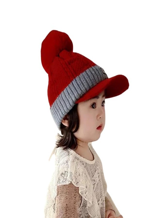 قبعة ريتشمن اللطيفة للأطفال، قبعة شتوية سميكة ودافئة من الصوف المحبوك مع كرة من الفرو، قبعة صوفية ناعمة للأطفال، قبعة شتوية للتزلج بطبقتين (4-8 سنوات) أحمر - Image 2