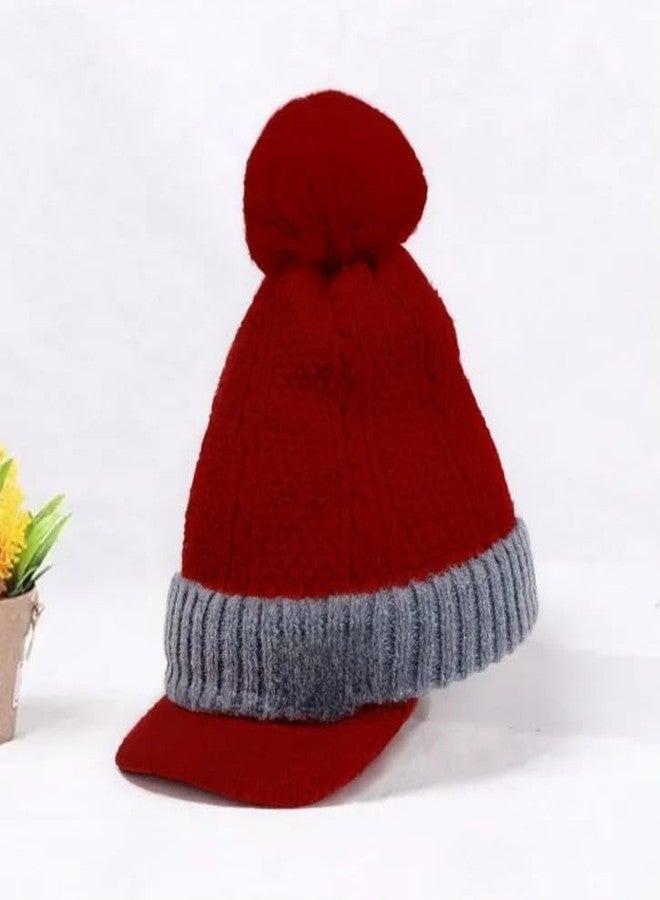 قبعة ريتشمن اللطيفة للأطفال، قبعة شتوية سميكة ودافئة من الصوف المحبوك مع كرة من الفرو، قبعة صوفية ناعمة للأطفال، قبعة شتوية للتزلج بطبقتين (4-8 سنوات) أحمر - Image 4