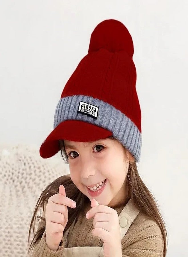 قبعة ريتشمن اللطيفة للأطفال، قبعة شتوية سميكة ودافئة من الصوف المحبوك مع كرة من الفرو، قبعة صوفية ناعمة للأطفال، قبعة شتوية للتزلج بطبقتين (4-8 سنوات) أحمر - Image 5
