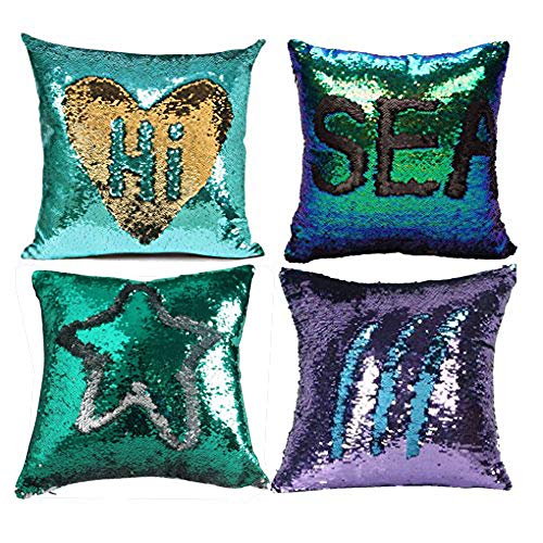 MOCOFO Glitter Pillow 16X16 Set of 4 Reversible Sequins Pillow Cover Magic Mermaid Sequence Pillowcase Purple Couch Color Changing Decor Cushion Covers for Sofa - Image 1