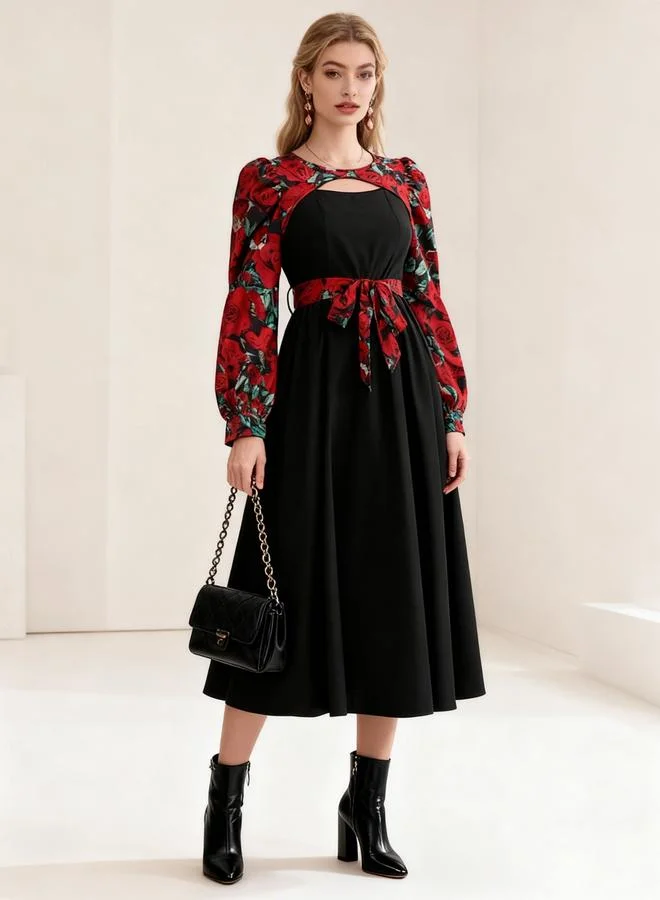 Take Two Black A-Line Midi Dress With Floral Tie-Belt