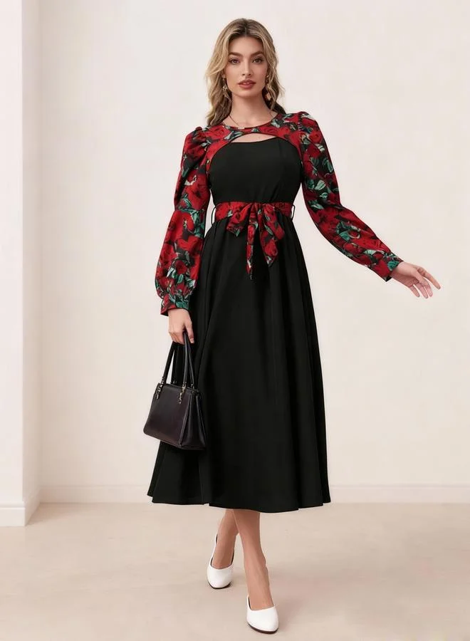 Take Two Black A-Line Midi Dress With Floral Tie-Belt