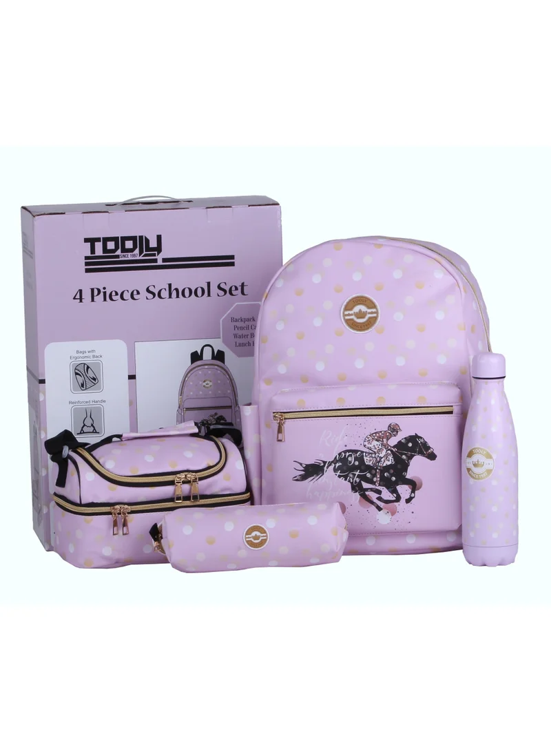 TOOLY 4-Piece School Set for Girls  Backpack, Lunch Bag, Pencil Case & Water Bottle | Horse Rider Design – Pink Polka Dots (Size: 42 x 30 x 13 cm)