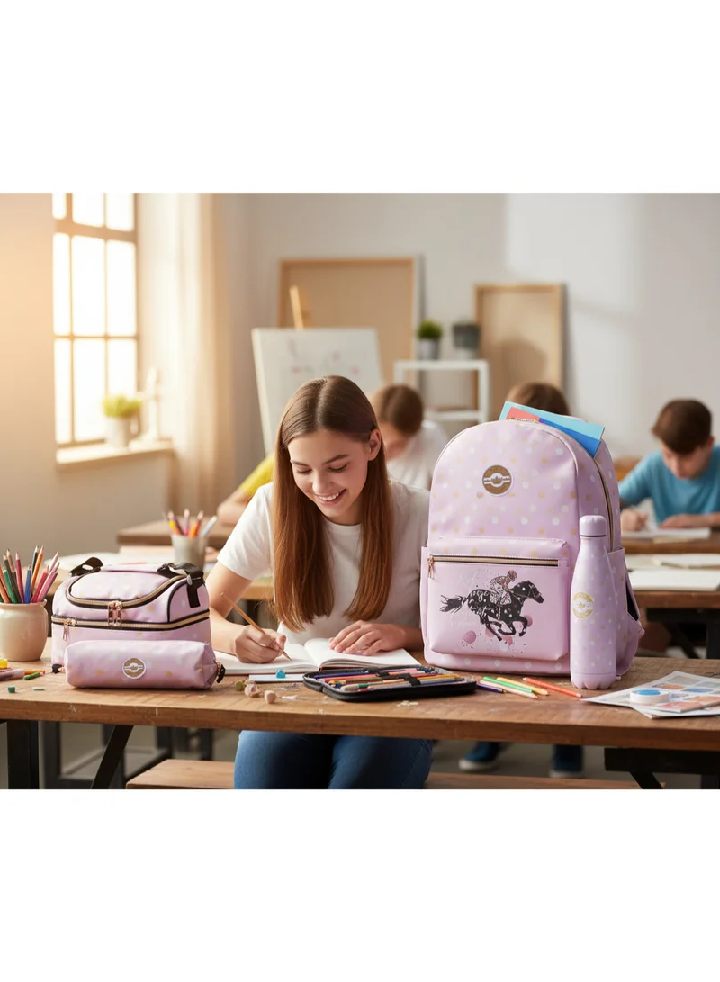 TOOLY 4-Piece School Set for Girls  Backpack, Lunch Bag, Pencil Case & Water Bottle | Horse Rider Design – Pink Polka Dots (Size: 42 x 30 x 13 cm)