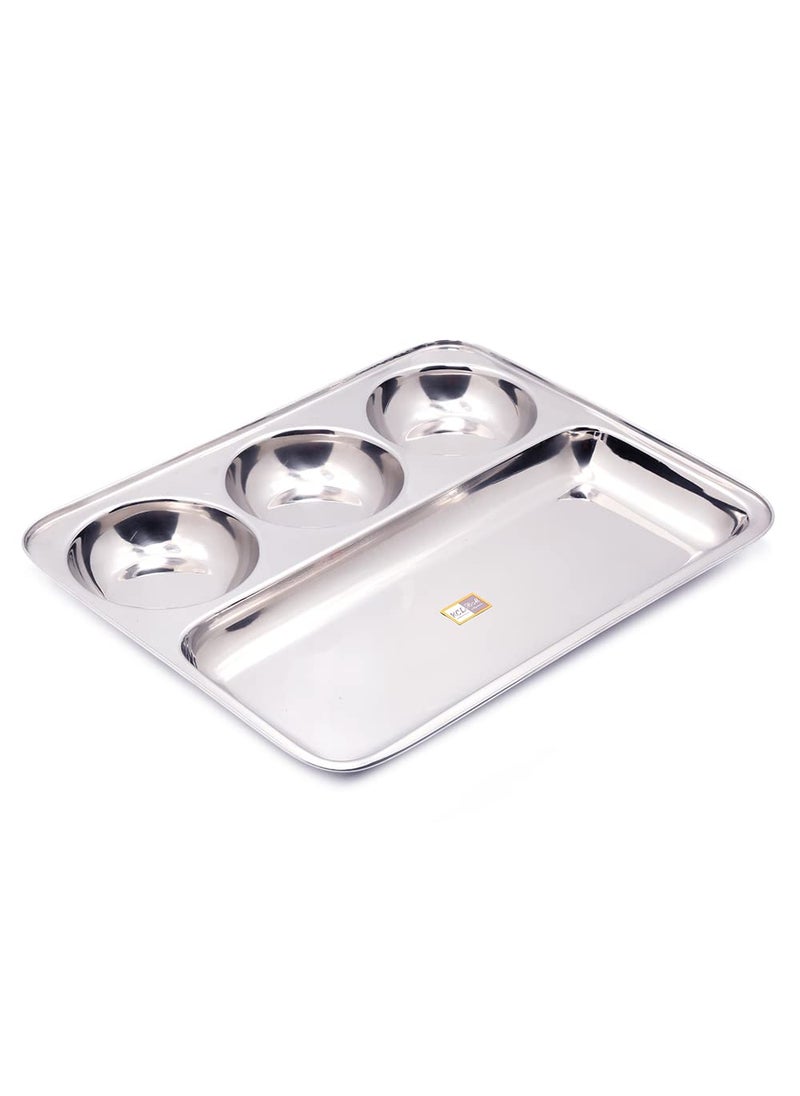 KCL KCL Stainless Steel Rectangle Partition Plate Heavy Guage Mirror Finish / Bhojan Plate - Model - Pratham 3 in1 - Pack of 6 (Diameter -33 cm) (20Guage)  - Image 2