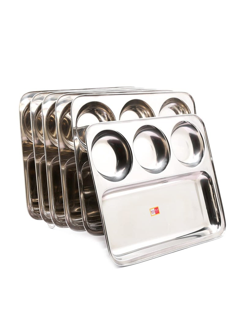 KCL KCL Stainless Steel Rectangle Partition Plate Heavy Guage Mirror Finish / Bhojan Plate - Model - Pratham 3 in1 - Pack of 6 (Diameter -33 cm) (20Guage)  - Image 1