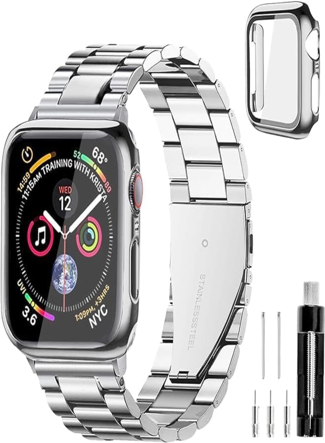 Next Next Store 2 Pack Rugged Stainless Steel Metal Band with Tempered Glass Screen Case for iWatch Series 7/8/9 45mm for Men Women