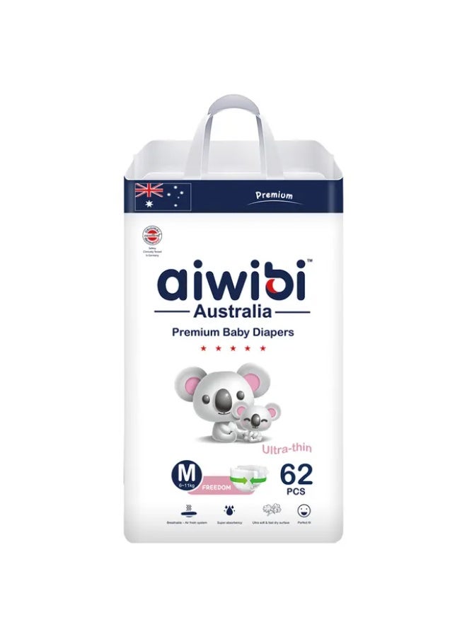 aiwibi أيويبي - حفاضات أطفال مميزة - الحجم م 6-11 كجم - 62 قطعة