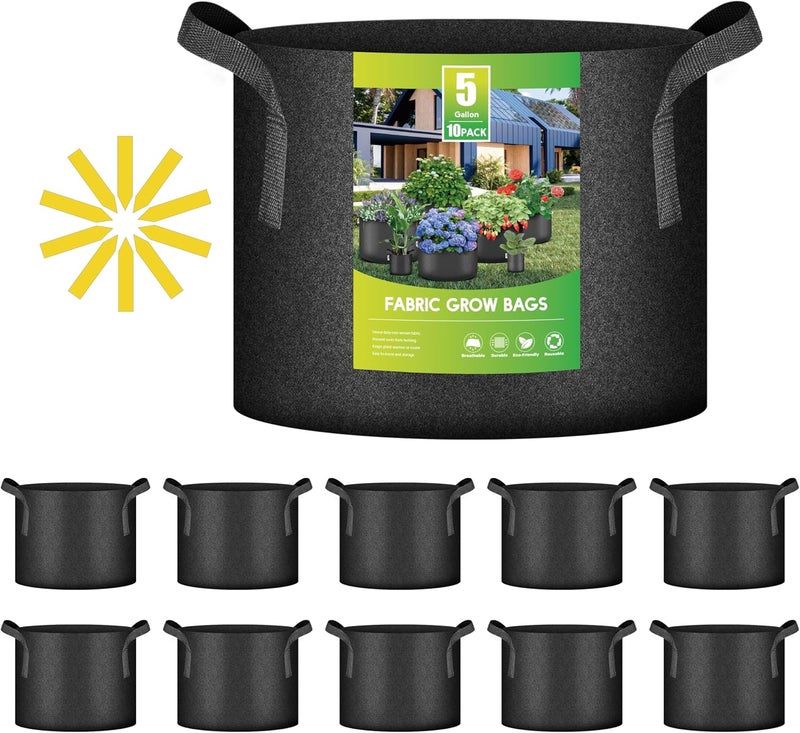 iPower 10-Pack 5 Gallon Thickened Grow Bags Nonwoven Fabric Pots Aeration Container with Strap Handles for Garden and Planting, Black - Image 1